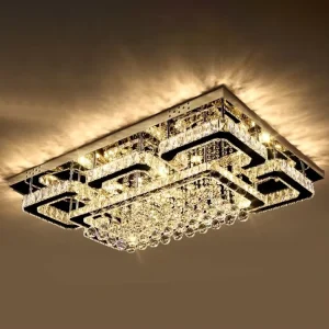 Luxury Villa Decoration Crystal Ceiling Lamp Modern LED Hotel Lobby Remote Control Rectangular Flush Mount Light