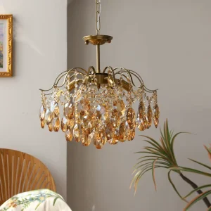 Luxury Vintage Amber Crystal Chandelier Gold Metal Frame Hanging Pendant Ceiling Light for Living Room Dining Room Home Decor