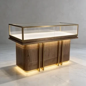 Luxury Walnut Wood Glass Display Showcase Brushed Gold Frame LED Lighting Floating Base Jewelry Boutique Shopfitting Furniture