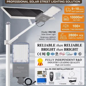 MG120 500W High-Efficiency Battery-Powered LED Solar Street Light IP67 Aluminum RoHS Certified for Highway Road Park Garden