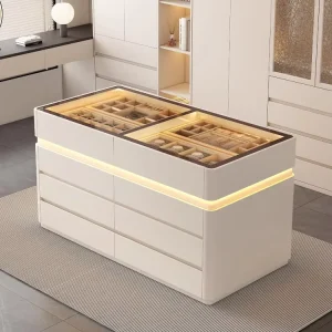 Mall Island Display Counter Cabinet LED Light Multi-Layer Beauty Cosmetics Nail Products Stand Modern Shape MDF Bedroom