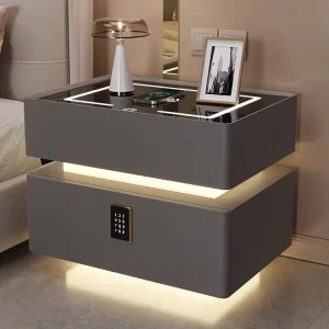 Manufacturer Nightstand Smart Bedside Table Wireless Charging 2 Drawers Fingerprint Lock LED Light Cabinet Bedroom Furniture