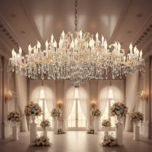Maria Theresa 200cm Wide LED Pendant Lamp Gold Crystal Candle Chandeliers 2700K Warm White 4 Year Warranty Low Ceiling Hotel