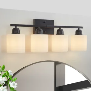 Matte Black White Glass Vanity Light Fixture 4 Lights Linear Wall Mount Lamp for Bathroom Mirror Cabinet