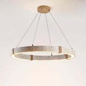 Medieval Style Travertine Ceiling Pendant Light Round Circle LED Chandelier Lights Living Dining Room Yellow Stone Chandeliers