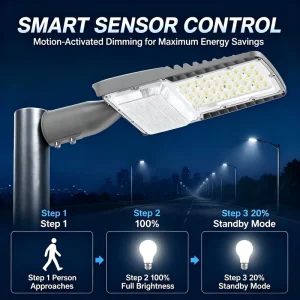 Microwave Motion Sensor LED Street Light 150W 200W Auto On Off Dimming 20% 100% Outdoor Lighting for Parking Lot Pathway