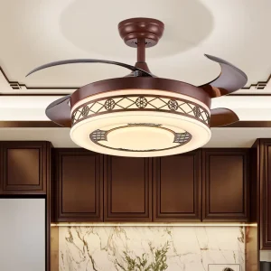 Midcentury Retractable LED Ceiling Fan Light Remote Control Walnut Wood Finish DC Motor Iron Plastic Construction