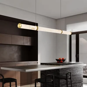 Minimalist Long Strip Cylindrical Bar Marble Adjustable Height Chandelier Dining Table Island Alabaster Linear Pendant Light