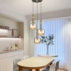 Minimalist Vertical Three Head LED Pendant Light Small Amber Glass Chandelier Bar Restaurant Bedroom Bedside Hanging
