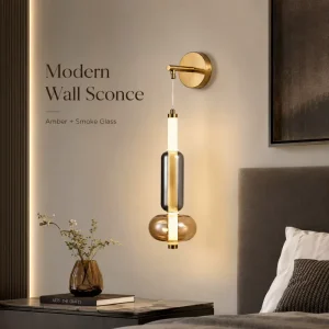 Minimalist Wall Sconce LED Glass Lamp Amber Smoke Shade Brushed Bronze Metal for Modern Bedroom Corridor Villa Projects Decor