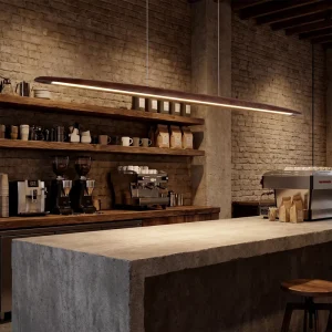 Minimalist Walnut Wooden Pendant Light Fixtures 180cm for Coffee Shop Custom Curved Edge Design for Commercial Lighting