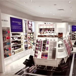 Minimalist White Cosmetic Display Cabinets with LED Backlight for High-End Beauty Product Retail Fitting