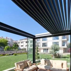 Modern 10 ft X 10 ft Aluminum Alloy Brown Waterproof Retractable Motorized Louvered Bioclimatic Gazebo Soundproofing