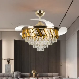Modern 110V/220V LED Copper Crystal Chandelier Ceiling Fan 42-Inch 3 Blades Remote Controlled Bathroom DC Motor Dimmable