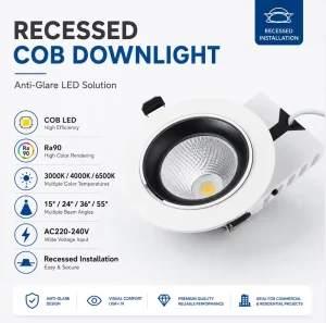 Modern 12W 24W 35W Recessed LED Grille Spotlight High CRI Ra90 Driver Anti-Glare Ceiling COB Spot Downlight Hotel Use