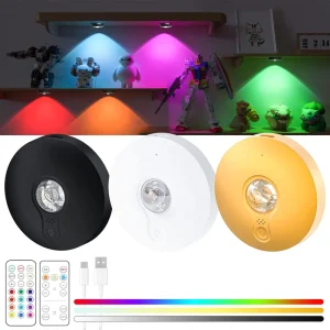 Modern 13-Color RGB LED Puck Lights with Remote Control Battery Operated Spot Light for Closet Bedroom Wall Cabinet Stick Light