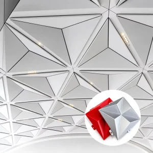 Modern 3D Aluminum Suspended Ceiling Panel Triangular Design with LED Light Hotel Mall Airport Interior Decoration