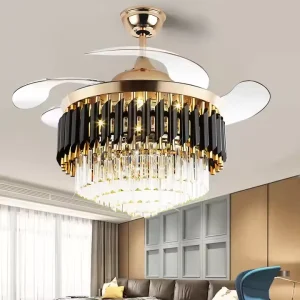 Modern 42 Inch Crystal and Metal Ceiling Fan with LED Light 4 Acrylic Blades DC Motor for Home Living Room Decoration