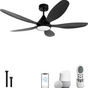 Modern 5 Blade LED Ceiling Light with Remote Control Fan Iron Finish and 5” & 10” Downrod for Household Use