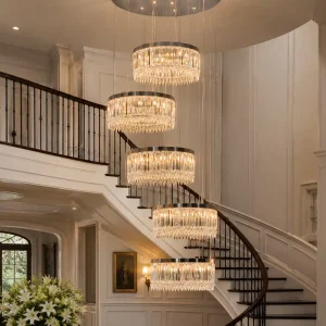 Modern 5 Tier Crystal Pendant Chandelier Adjustable Height Hanging Lamp for Stairwell Decoration