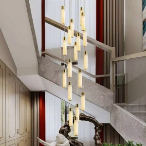 Modern Alabaster Cylinder Chandelier Iron Rainfall Cascading Multi Light Pendant Lamp for Staircase High Ceiling Hotel Villa