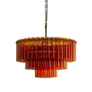 Modern American Antique Brass Amber Glass Tube Pendant Lamp Villa Living Restaurant Decorative Indoor Round Chandelier