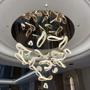 Modern Art Curved Ceramic LED Chandelier Luxury Gold Stainless Steel Pendant Light for Villa Hotel Lobby High Ceiling Decor
