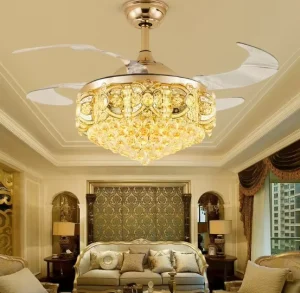 Modern Bedroom Pendant Lamp Remote Control Luxury Golden LED Chandelier Lighting 42 Inch Blade Crystal Ceiling Fan Light