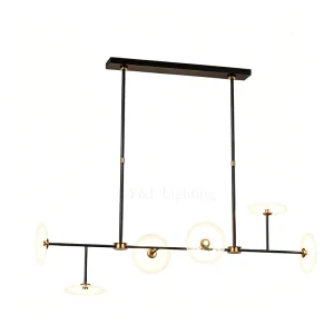 Modern Black Gold Linear Chandelier 6 Light Frosted Glass Pendant Light LED Adjustable Height Minimalist Long