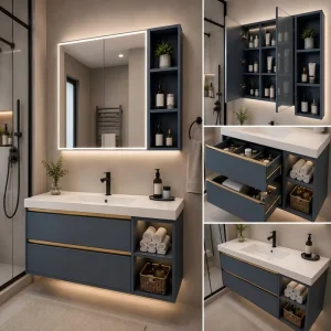 Modern Blue Bathroom Vanity Cabinet with LED Mirror and Quartz Sink Wall Mounted Bathroom Furniture Set with Storage
