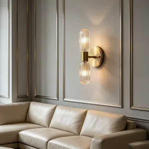 Modern Brass Glass Wall Lamp Double Cylinder Textured Glass Shade Surface Mounted Wall Sconce for Bathroom Bedroom