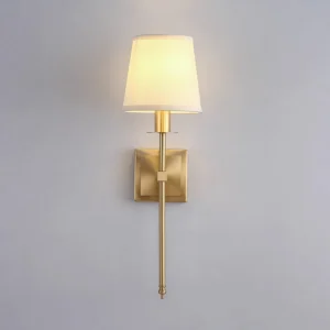 Modern Brass LED Wall Sconce with Warm White Fabric Shade Gold Finished Indoor Wall Lamp for Bedroom Living Room Hotel Decor