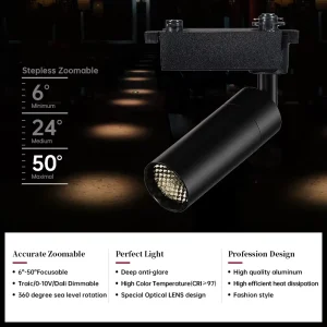 Modern CE RoHS Certified Indoor Hotel Zoomable 6 50 Degree Dimmable Adjustable Aluminum Track Spotlight 10W COB LED 3000K 4000K