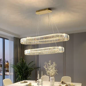 Modern Chandelier Oval LED Luxury Ring Connected Long Strip Crystal Pendant Light for Dining Table Living Room
