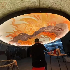 Modern Chinese Adjustable Height Pendant Light Hand Painted Fabric Shade Customizable Luxury Ceiling Lamp for Hotel Restaurant