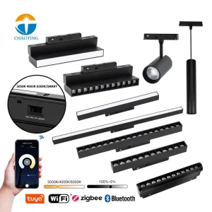 Modern Commercial DC 48V Magnetic Rail Flood LED Linear Light Track System with 3 Color CCT Adjustable Dimmable Smart Spotlights