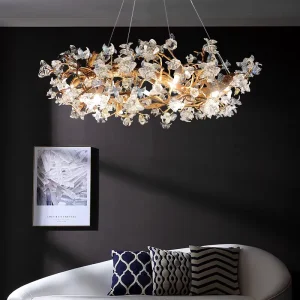 Modern Copper Dandelion Crystal Chandelier LED Pendant Light Tree Branch Hanging Lamp for Living Room Hotel Lobby