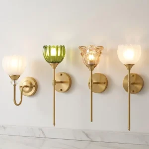 Modern Cordless Wall Lamp Fixture Rechargeable Battery Light Bulbs Vintage Floral Brass Wall Sconce with Elegant Glass Lampshade