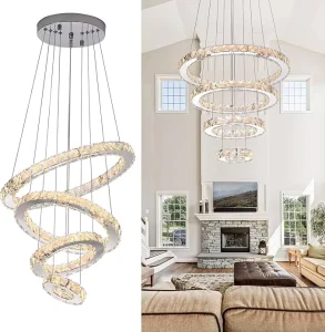 Modern Crystal Chandelier Dimmable 4 Rings LED Linear Chandelier Dining Room Light Fixture with Remote for Dining Room