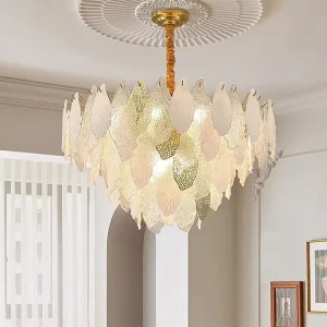 Modern Crystal LED Pendant Light with French Glass and Ceramic Leaves for Villa Living Room Restaurant Bedroom
