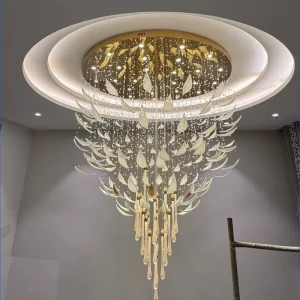 Modern Crystal Maple-Leaf Chandelier Remote AC LED Adjustable Height Pendant Lamp for Hotel Restaurant Office Decor