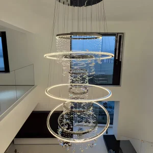 Modern Crystal Pendant Chandelier Long Iron Glass LED Ring Lamp Ceiling Light for Home Hotel Adjustable Height