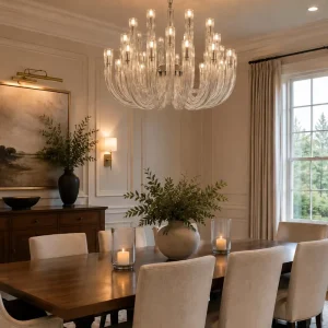 Modern Curved Glass Chandelier Chrome Metal Frame Pendant Light for Living Room Dining Room