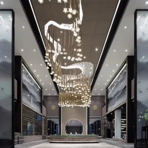 Modern Customized Metal Rod LED Adjustable Height Long Chandelier Pendant Lights High Ceiling Hotel Lobby Office Building