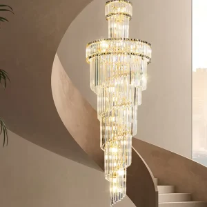 Modern Decorative Gold Crystal Long Chandelier Hotel Mall Living Room Indoor Luxury Ring Hanging Pendant Lamp