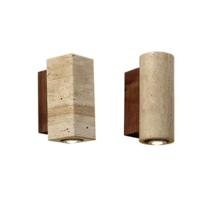 Modern Decorative Natural Stone Wood Base Wall Mounted Travertine Wall Sconce Lamp for Bathroom Bedroom Restaurant Hotel