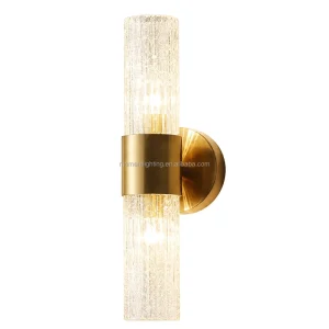 Modern Double Heads Cracked Textured Glass Wall Sconce Brushed Brass Wall Light for Bedroom Bathroom Hotel Home Decoration