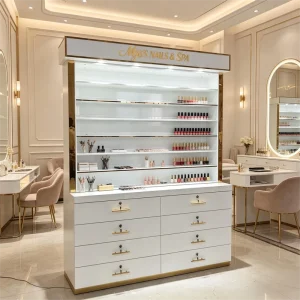 Modern Eco-Friendly Floor Standing Commercial Nail Polish Display Cabinet Lockable Drawers LED Lights Salon Furniture Mall Hotel