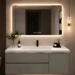 Modern Floating Bathroom Vanity Cabinet with LED Mirror Marble Countertop Soft Close Drawers for Hotel & Home Use