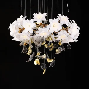 Modern French Light Luxury Flower Chandelier Petal Pendant Villa Living Room Hotel Lobby Art Decor Project Lighting Custom LED